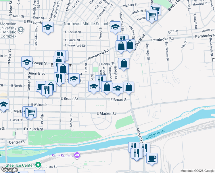 map of restaurants, bars, coffee shops, grocery stores, and more near 649 East North Street in Bethlehem
