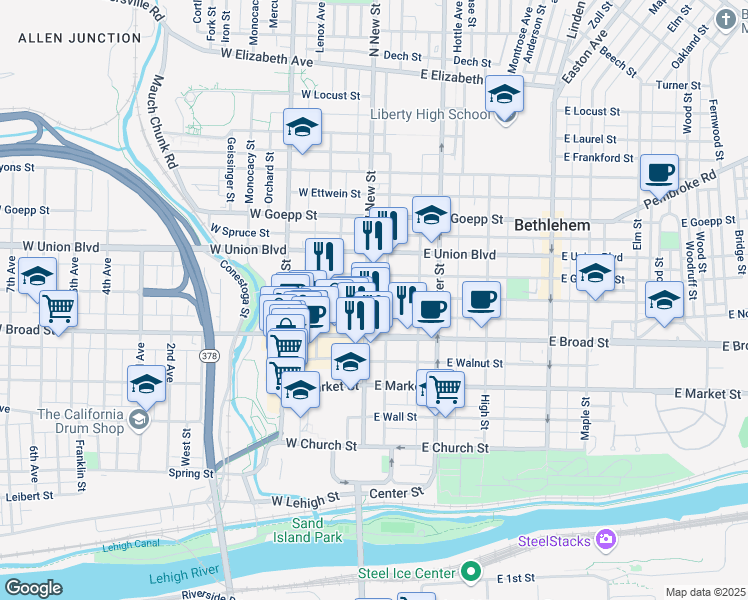 map of restaurants, bars, coffee shops, grocery stores, and more near 21 East Raspberry Street in Bethlehem