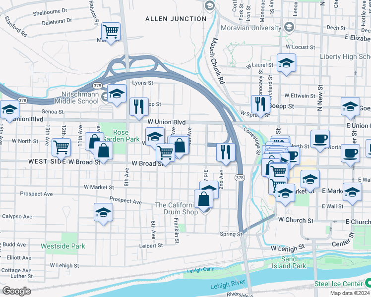 map of restaurants, bars, coffee shops, grocery stores, and more near 621 4th Avenue in Bethlehem