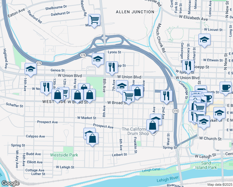 map of restaurants, bars, coffee shops, grocery stores, and more near 730 West Broad Street in Bethlehem