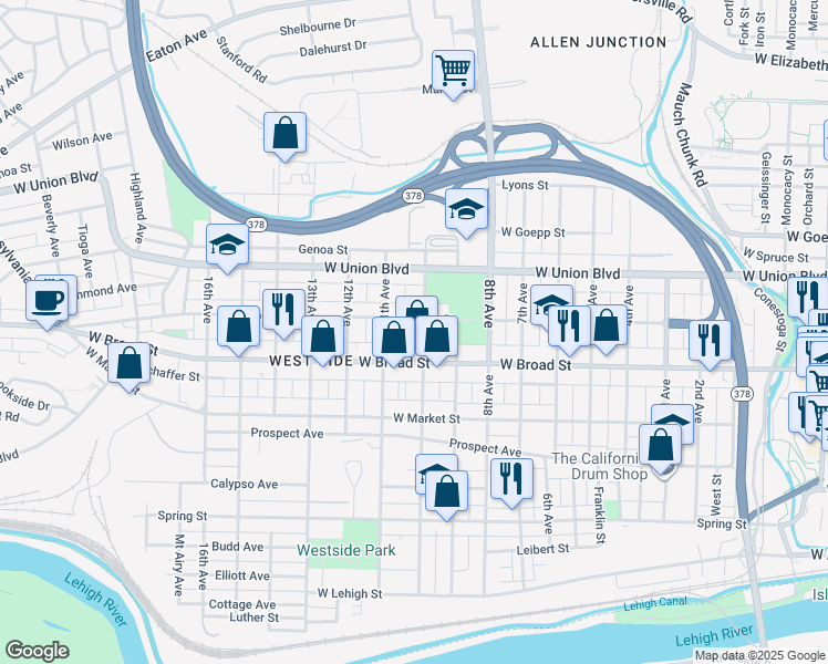 map of restaurants, bars, coffee shops, grocery stores, and more near 1104 West Broad Street in Bethlehem