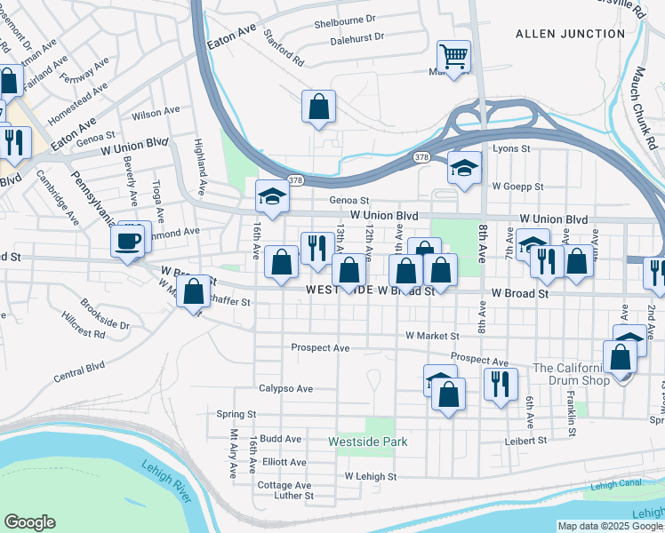 map of restaurants, bars, coffee shops, grocery stores, and more near in Bethlehem