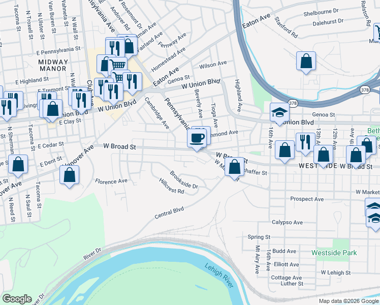 map of restaurants, bars, coffee shops, grocery stores, and more near 1908 Glendale Avenue in Bethlehem