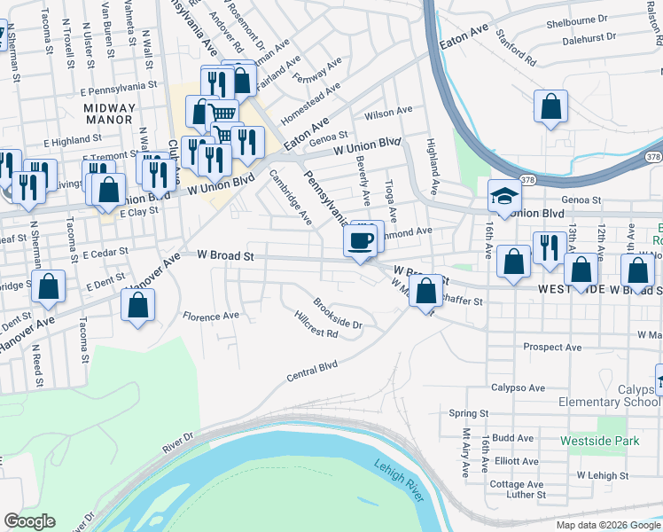 map of restaurants, bars, coffee shops, grocery stores, and more near 1968 Glendale Avenue in Bethlehem