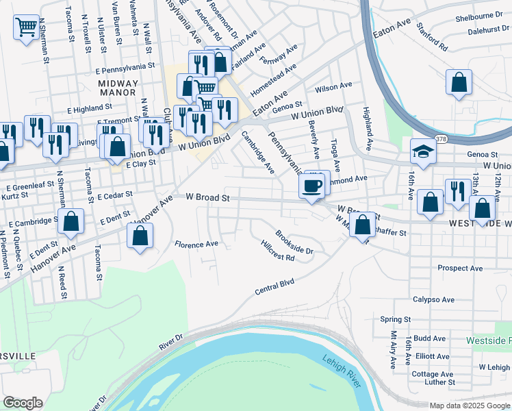 map of restaurants, bars, coffee shops, grocery stores, and more near 2036 Brookside Drive in Bethlehem