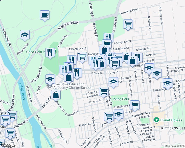 map of restaurants, bars, coffee shops, grocery stores, and more near 881 North Godfrey Street in Allentown