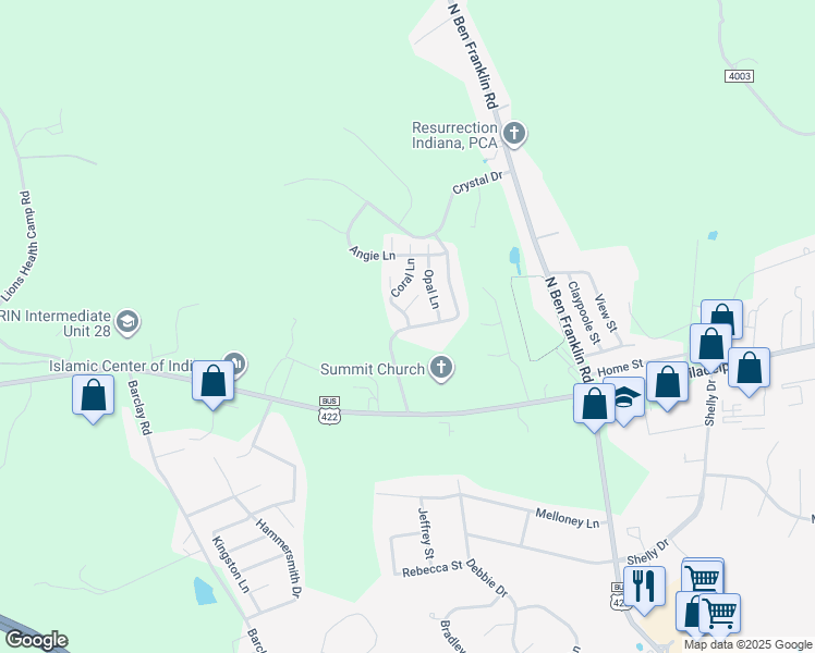 map of restaurants, bars, coffee shops, grocery stores, and more near Sterling Hill Drive in Indiana