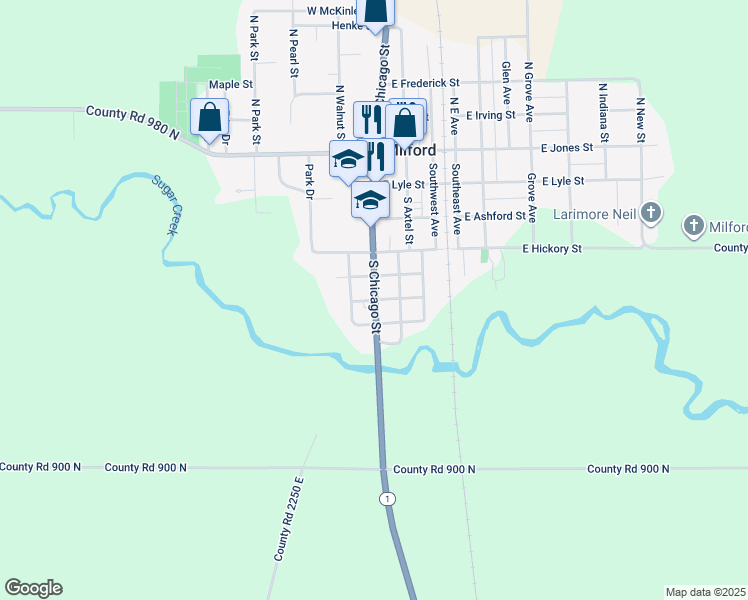map of restaurants, bars, coffee shops, grocery stores, and more near 507 South Chicago Street in Milford