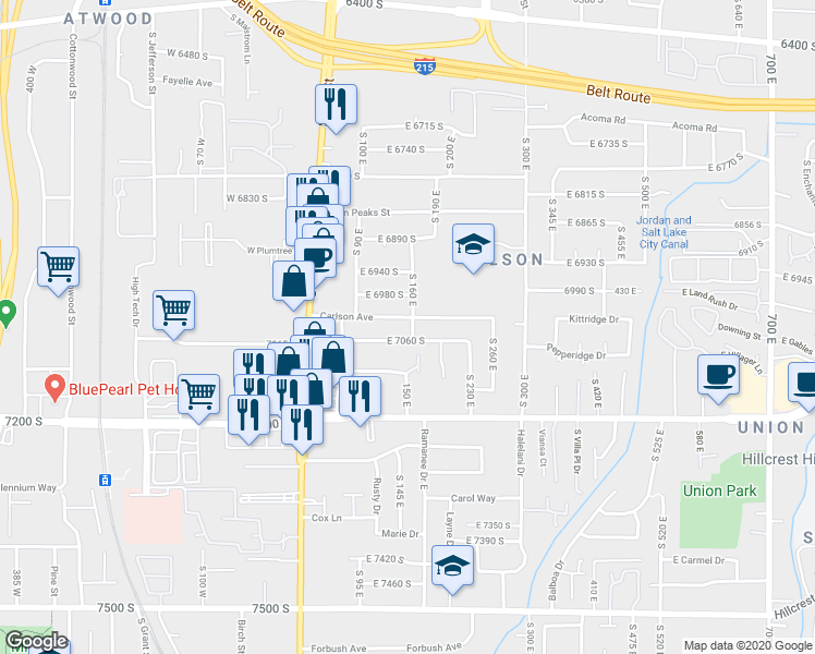 map of restaurants, bars, coffee shops, grocery stores, and more near 7032 South 160 East in Midvale