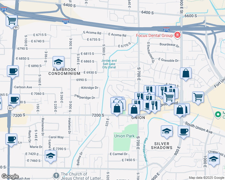 map of restaurants, bars, coffee shops, grocery stores, and more near South 595 East in Midvale