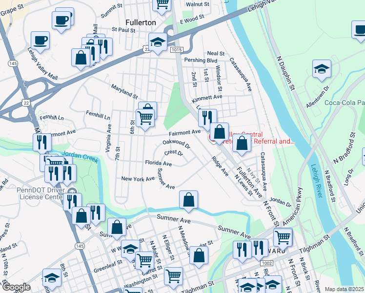 map of restaurants, bars, coffee shops, grocery stores, and more near 352 Oakwood Drive in Fullerton