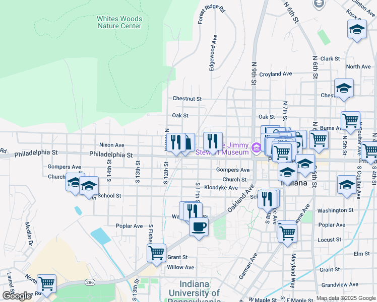 map of restaurants, bars, coffee shops, grocery stores, and more near 1125 Philadelphia Street in Indiana