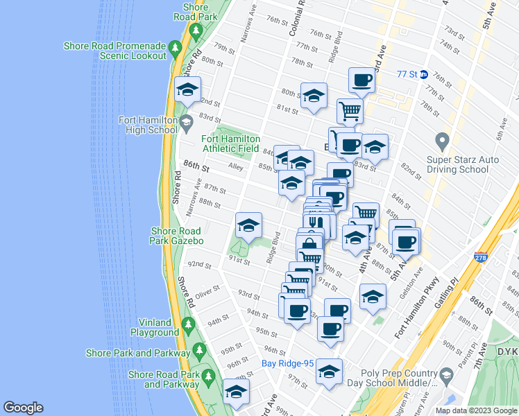 map of restaurants, bars, coffee shops, grocery stores, and more near 138 87th Street in Brooklyn