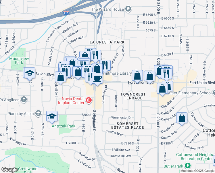 map of restaurants, bars, coffee shops, grocery stores, and more near 7027 Ponderosa Way in Sandy