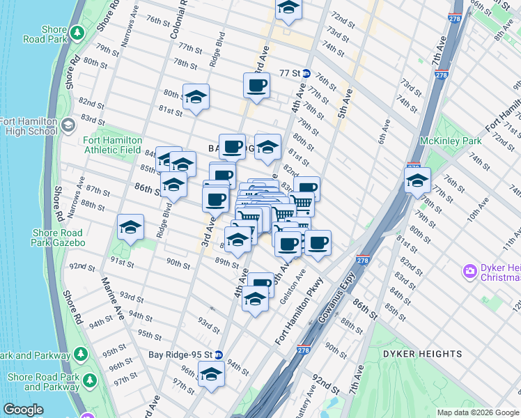 map of restaurants, bars, coffee shops, grocery stores, and more near 8620-8622 4th Avenue in Brooklyn