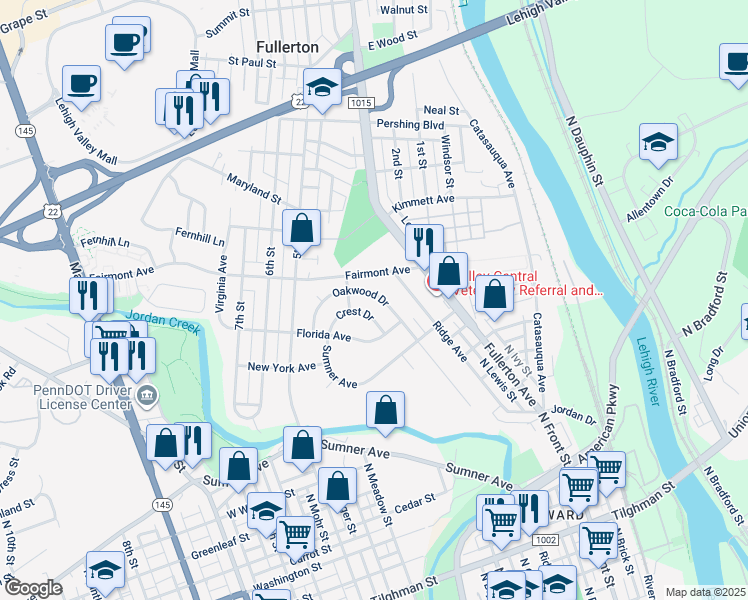 map of restaurants, bars, coffee shops, grocery stores, and more near 352 Oakwood Drive in Fullerton