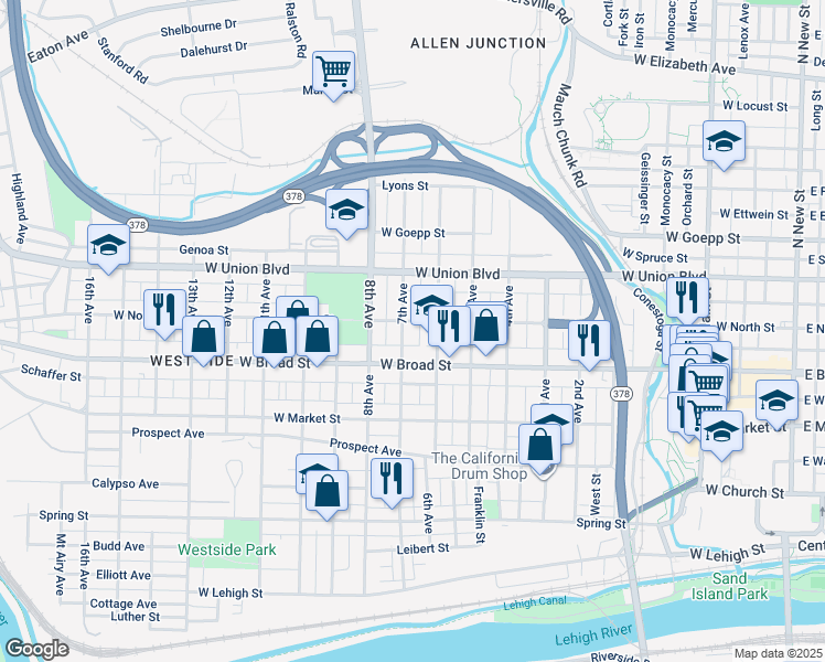 map of restaurants, bars, coffee shops, grocery stores, and more near 730 West Broad Street in Bethlehem