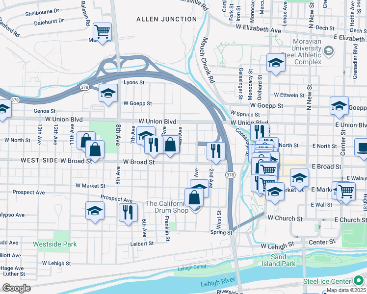 map of restaurants, bars, coffee shops, grocery stores, and more near 634 4th Avenue in Bethlehem