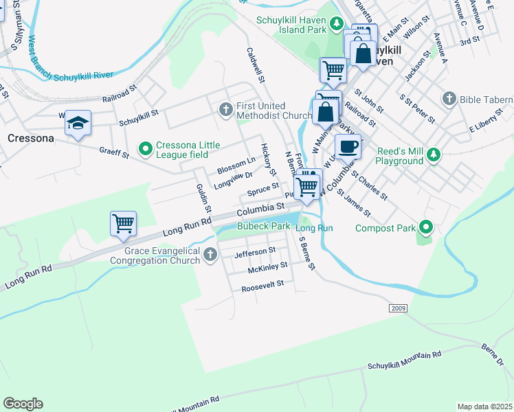 map of restaurants, bars, coffee shops, grocery stores, and more near 477 Columbia Street in Schuylkill Haven