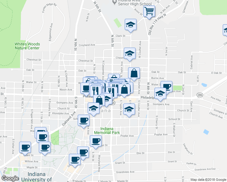 map of restaurants, bars, coffee shops, grocery stores, and more near 27 North 6th Street in Indiana