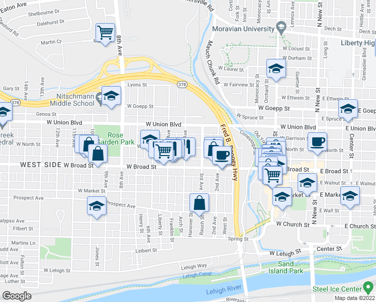 map of restaurants, bars, coffee shops, grocery stores, and more near 634 4th Avenue in Bethlehem