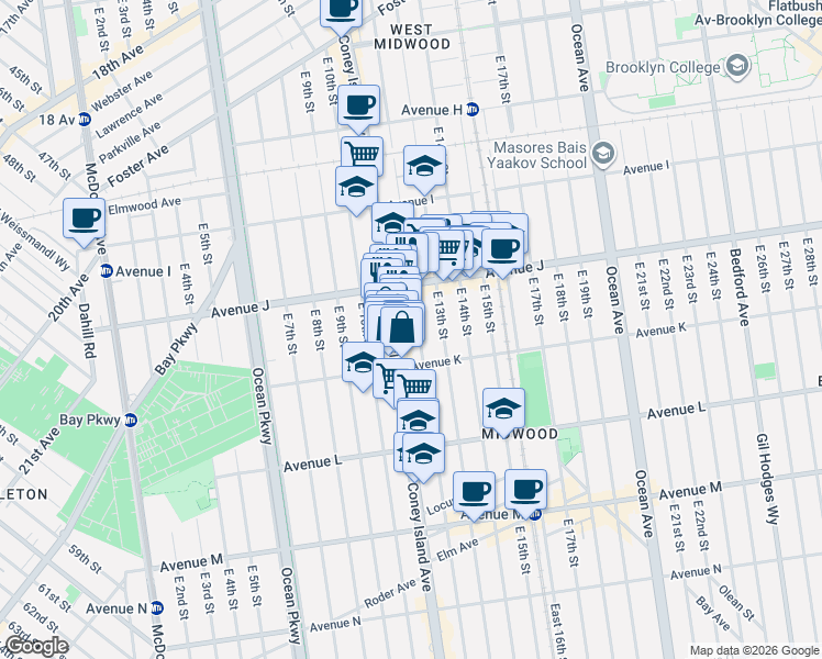 map of restaurants, bars, coffee shops, grocery stores, and more near 1081 East 12th Street in Brooklyn