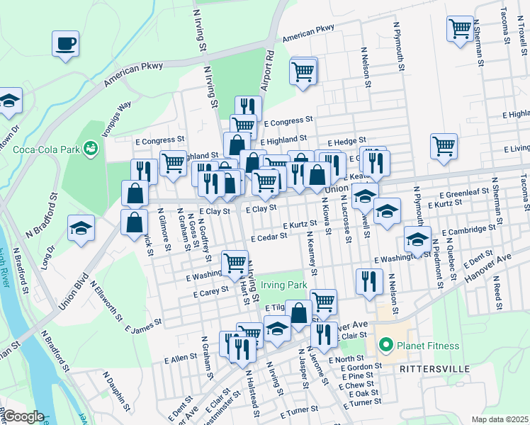 map of restaurants, bars, coffee shops, grocery stores, and more near 884 North Jasper Street in Allentown