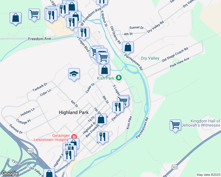 map of restaurants, bars, coffee shops, grocery stores, and more near 408 South Logan Boulevard in Lewistown