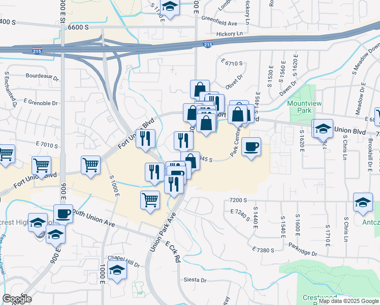 map of restaurants, bars, coffee shops, grocery stores, and more near 989 Park Centre Drive in Cottonwood Heights