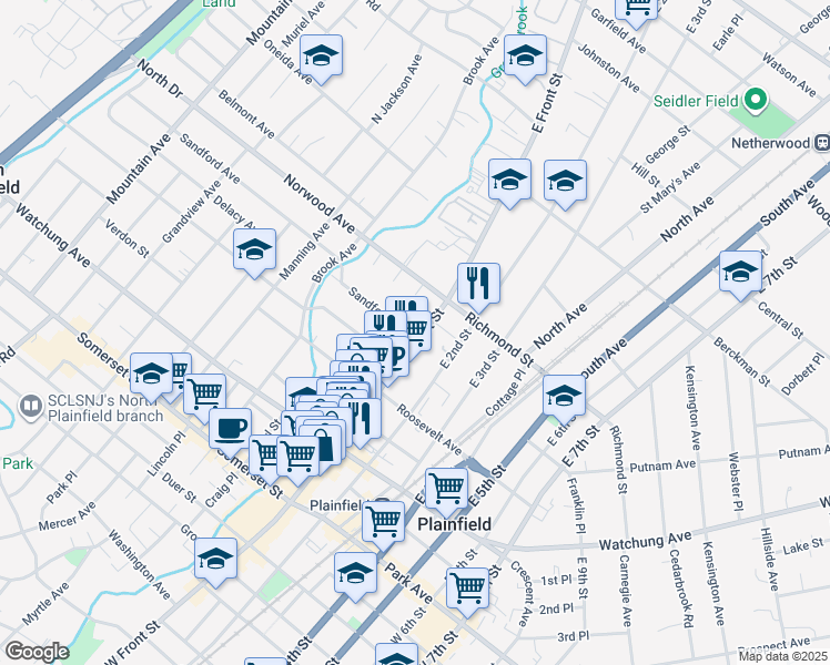 map of restaurants, bars, coffee shops, grocery stores, and more near 335 East Front Street in Plainfield