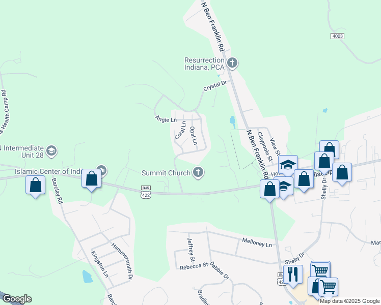 map of restaurants, bars, coffee shops, grocery stores, and more near Sterling Hill Drive in Indiana