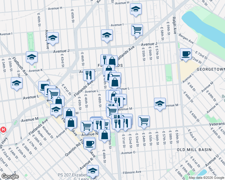 map of restaurants, bars, coffee shops, grocery stores, and more near Utica Avenue & Avenue L in Brooklyn