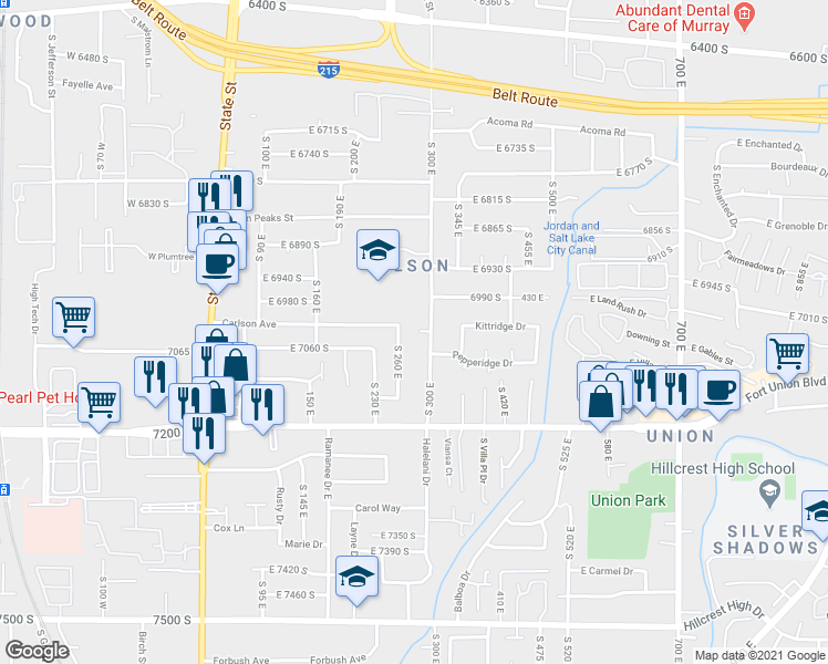 map of restaurants, bars, coffee shops, grocery stores, and more near 7070 300 East in Midvale