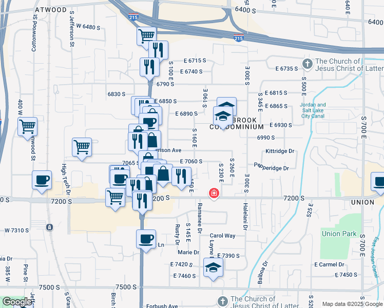 map of restaurants, bars, coffee shops, grocery stores, and more near 7032 South 160 East in Midvale