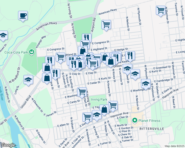 map of restaurants, bars, coffee shops, grocery stores, and more near 884 North Jasper Street in Allentown