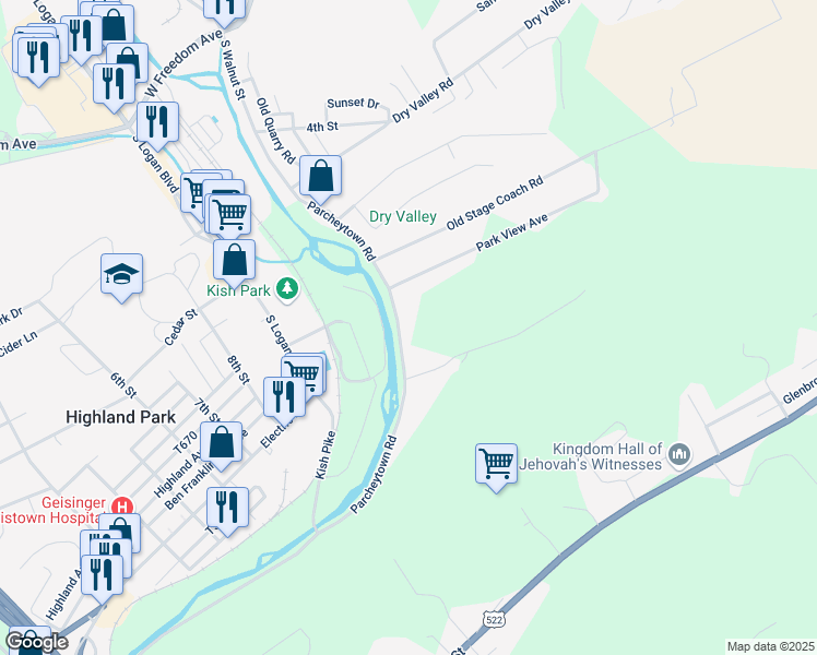 map of restaurants, bars, coffee shops, grocery stores, and more near 956 Parcheytown Road in Lewistown
