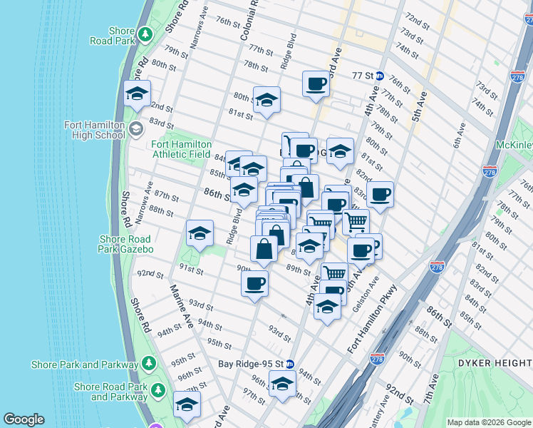 map of restaurants, bars, coffee shops, grocery stores, and more near 248 87th Street in Brooklyn