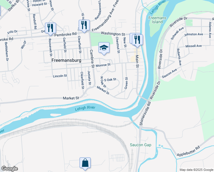 map of restaurants, bars, coffee shops, grocery stores, and more near 224 North Oak Street in Freemansburg