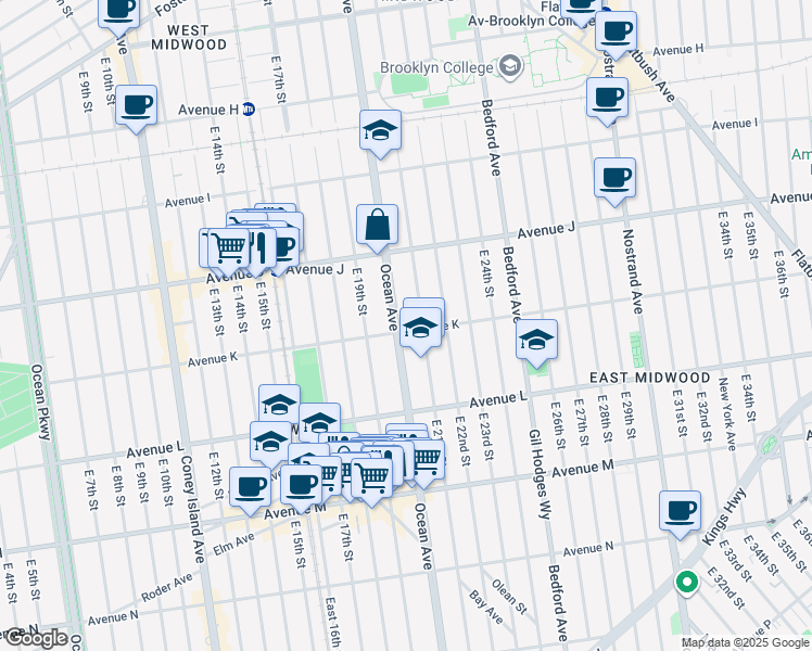 map of restaurants, bars, coffee shops, grocery stores, and more near 2001 Avenue K in Brooklyn