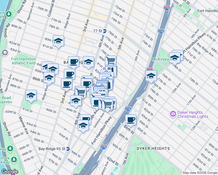 map of restaurants, bars, coffee shops, grocery stores, and more near 8325 5th Avenue in Brooklyn