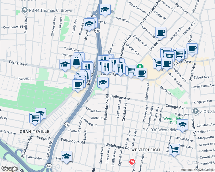 map of restaurants, bars, coffee shops, grocery stores, and more near 20 Houston Street in Staten Island