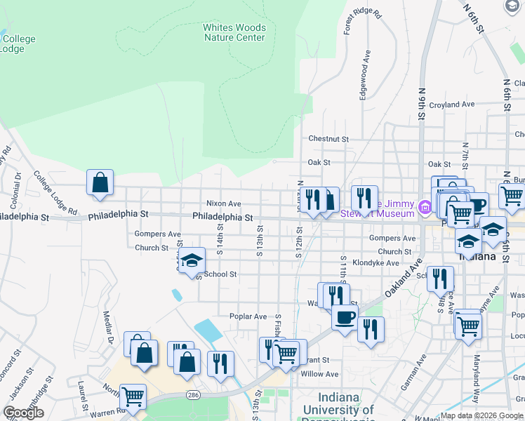map of restaurants, bars, coffee shops, grocery stores, and more near 1299 Philadelphia Street in Indiana