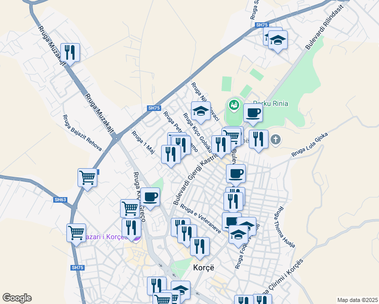 map of restaurants, bars, coffee shops, grocery stores, and more near Rruga Dhimitër Denasi in Korçë