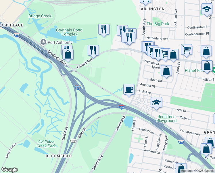 map of restaurants, bars, coffee shops, grocery stores, and more near 1107 Goethals Road North in Staten Island