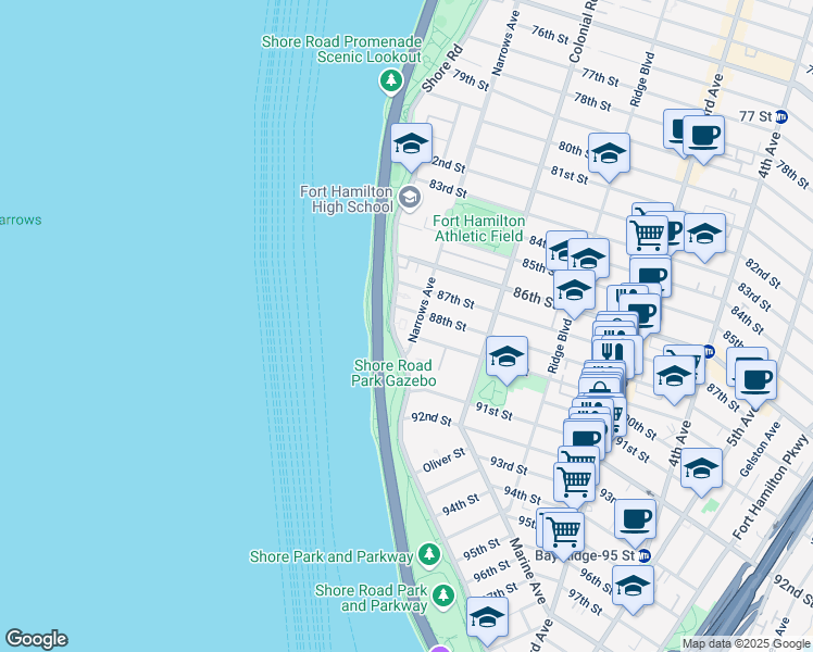 map of restaurants, bars, coffee shops, grocery stores, and more near 8801 Shore Road in Brooklyn