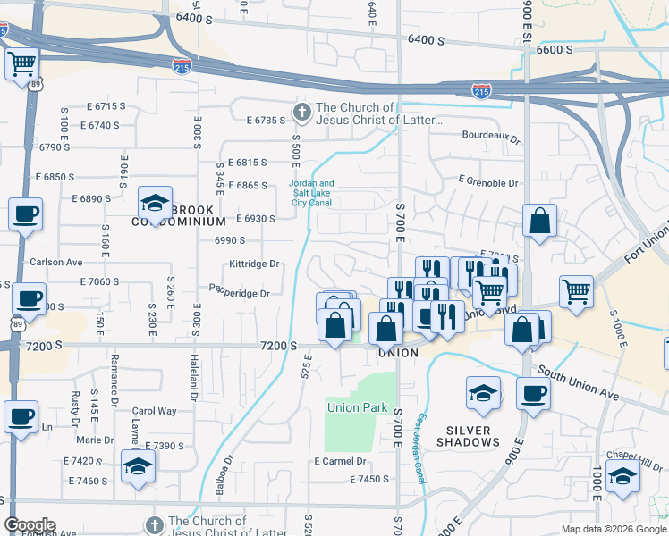 map of restaurants, bars, coffee shops, grocery stores, and more near 574 Downing Street in Midvale