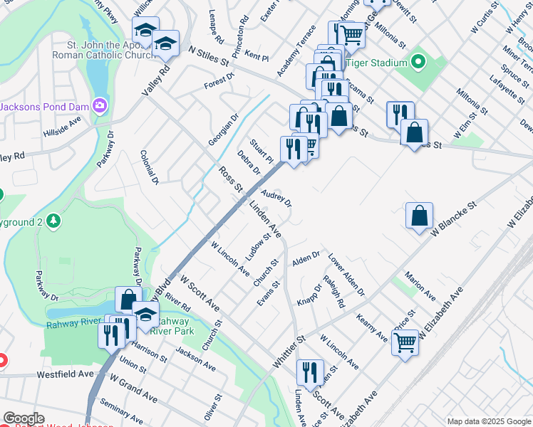 map of restaurants, bars, coffee shops, grocery stores, and more near 716 Linden Avenue in Rahway
