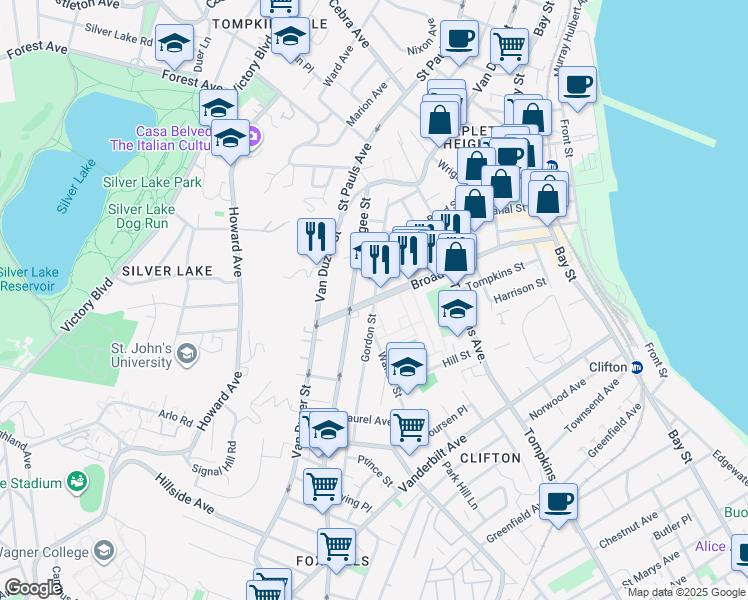 map of restaurants, bars, coffee shops, grocery stores, and more near Broad St & Gordon St in Staten Island