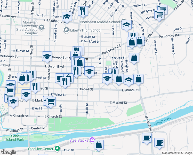 map of restaurants, bars, coffee shops, grocery stores, and more near 437 East North Street in Bethlehem
