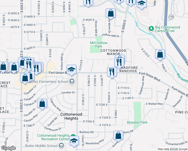 map of restaurants, bars, coffee shops, grocery stores, and more near 7059 South 2780 East in Cottonwood Heights